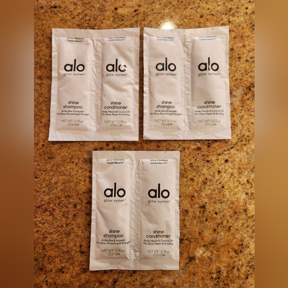 alo glow system - Lot of 3 Shine Shampoo/Conditioner packets.